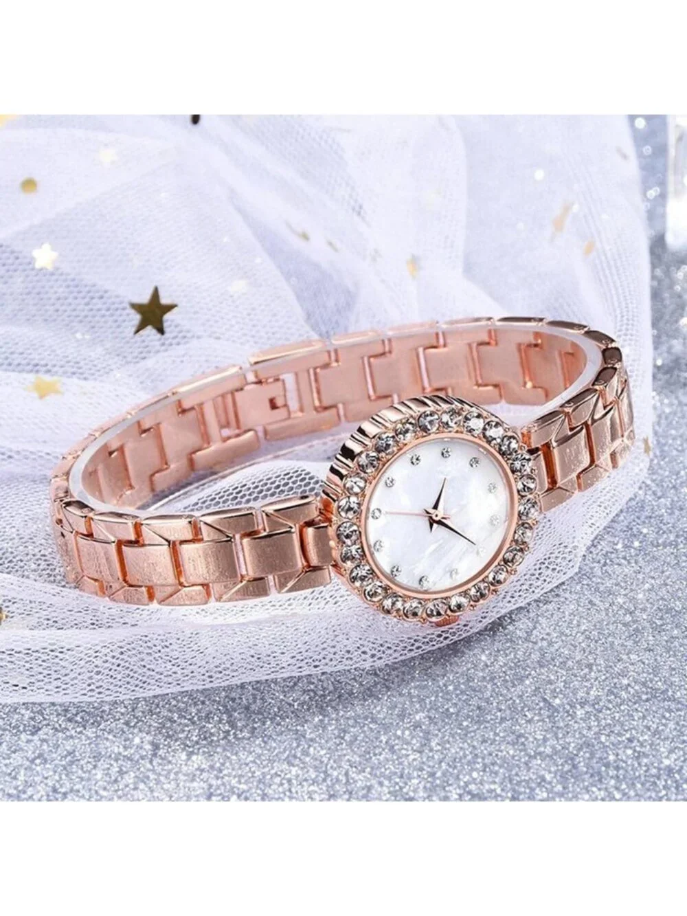Women's Rose Gold Analog Quartz Classic Alloy Strap Crystal Bracelet Set Watch